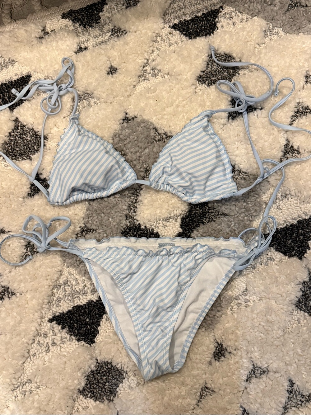 Light Blue & White Striped Tie-Side Triangle Bikini
